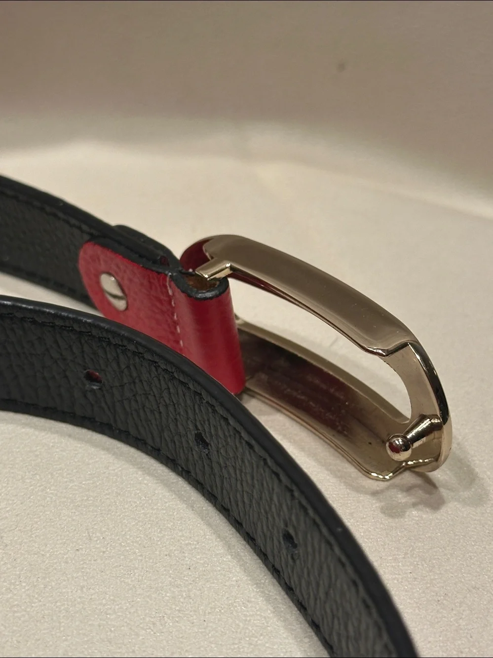 Tod's True Red Leather Belt with Silver Logo Engraved Buckle & White Stitching